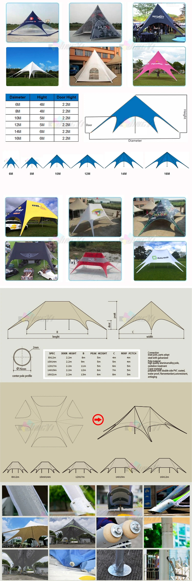 Advertising Aluminum Pole Oxford Fabric with CMYK Full Color Print Outdoor Event Tent, Wedding Star Display Canopy Marquee Shade Gazebo Party Protable Tent